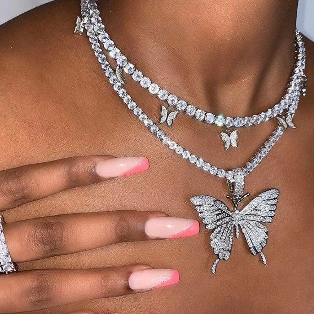 silver butterfly tennis choker  2 piece set